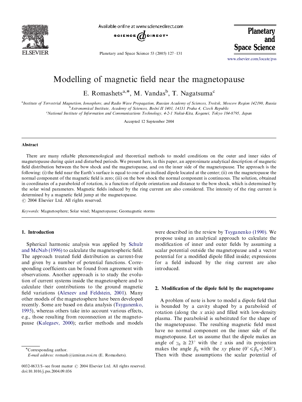 Modelling of magnetic field near the magnetopause