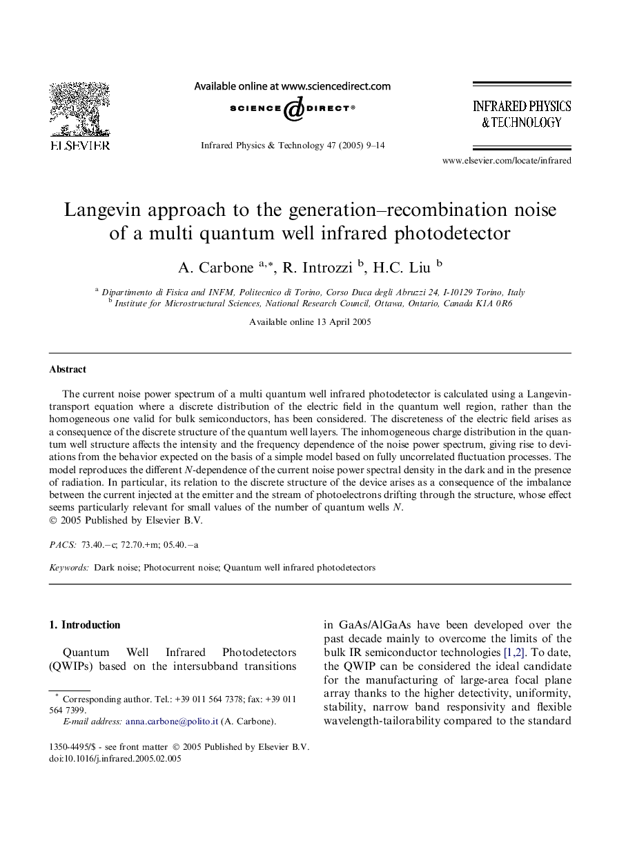 Langevin approach to the generation-recombination noise of a multi quantum well infrared photodetector