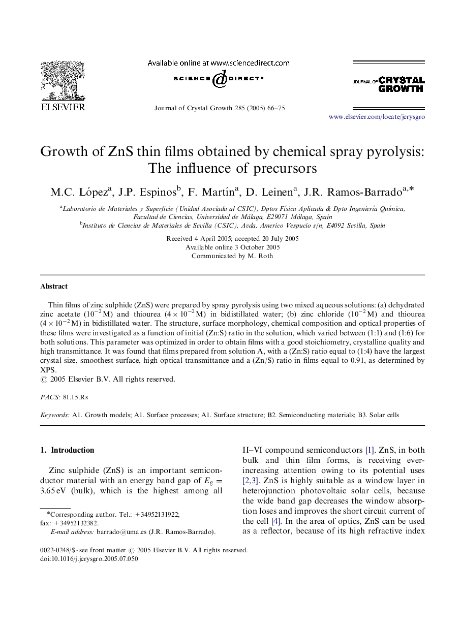 Growth of ZnS thin films obtained by chemical spray pyrolysis: The influence of precursors