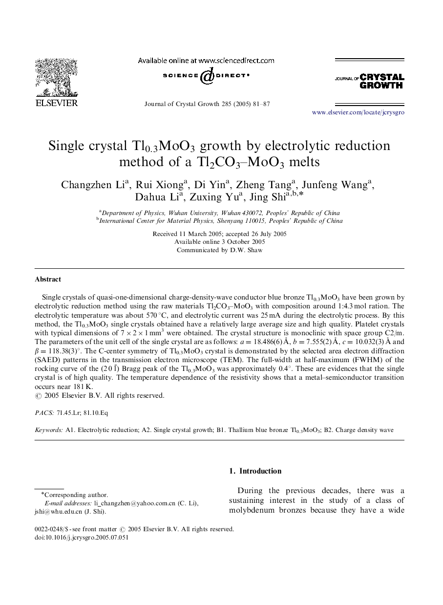 Single crystal Tl0.3MoO3 growth by electrolytic reduction method of a Tl2CO3-MoO3 melts