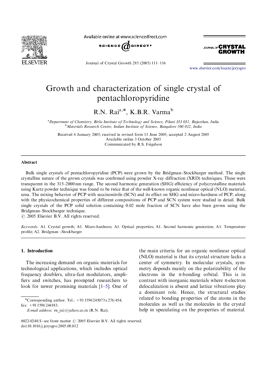 Growth and characterization of single crystal of pentachloropyridine