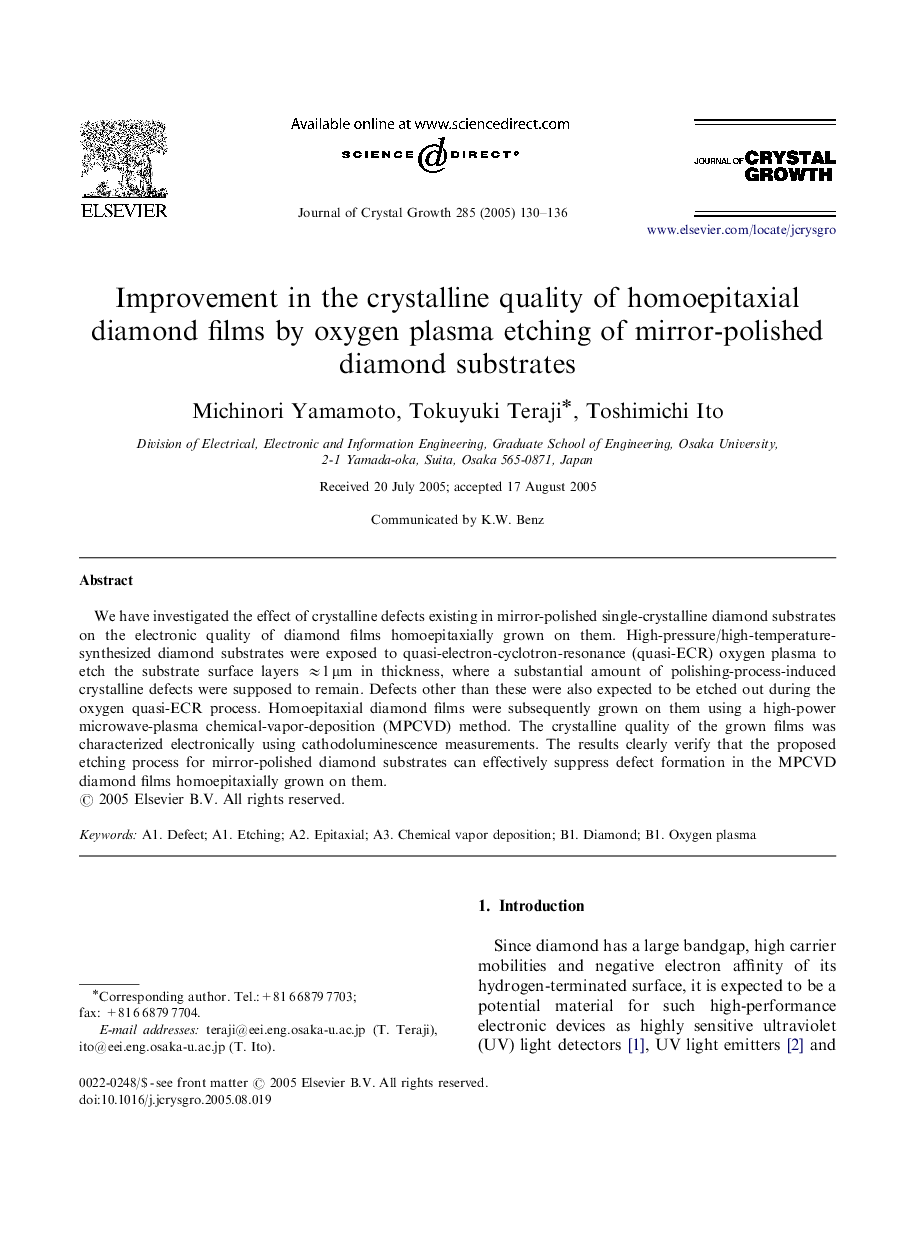 Improvement in the crystalline quality of homoepitaxial diamond films by oxygen plasma etching of mirror-polished diamond substrates