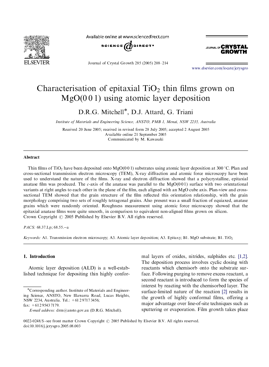 Characterisation of epitaxial TiO2 thin films grown on MgO(0Â 0Â 1) using atomic layer deposition