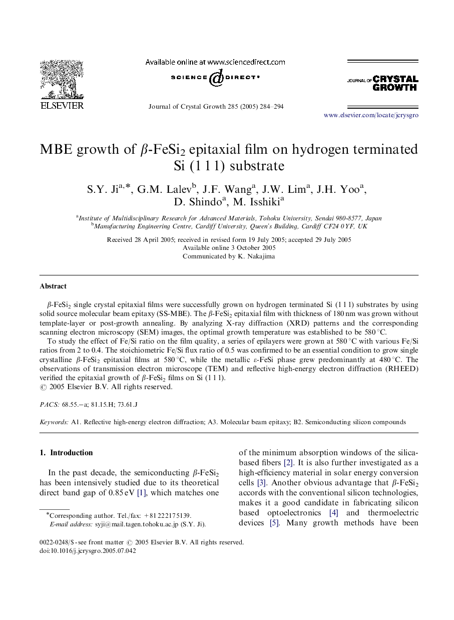 MBE growth of Î²-FeSi2 epitaxial film on hydrogen terminated Si (1Â 1Â 1) substrate