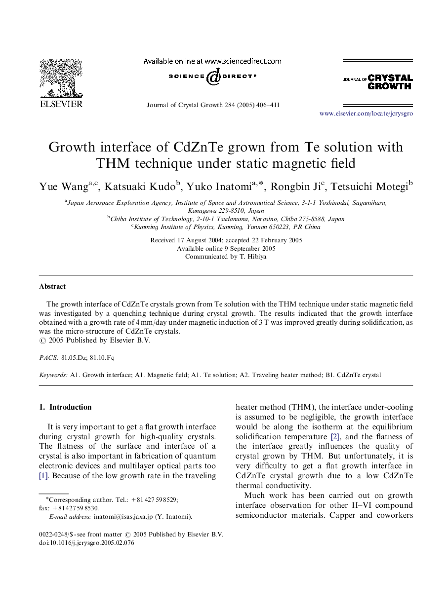 Growth interface of CdZnTe grown from Te solution with THM technique under static magnetic field