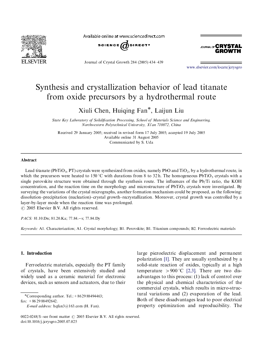 Synthesis and crystallization behavior of lead titanate from oxide precursors by a hydrothermal route