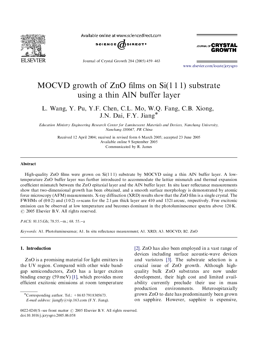 MOCVD growth of ZnO films on Si(1Â 1Â 1) substrate using a thin AlN buffer layer