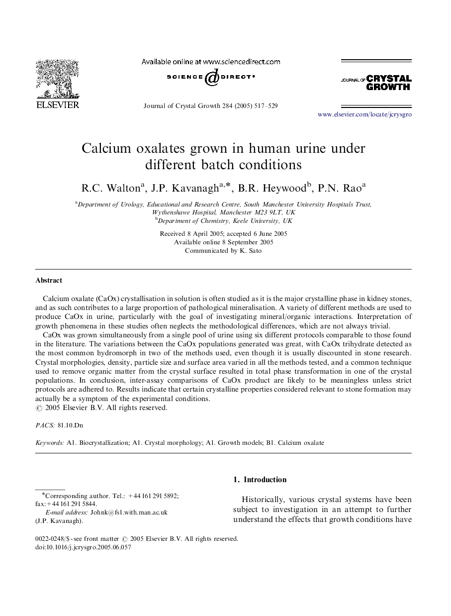 Calcium oxalates grown in human urine under different batch conditions