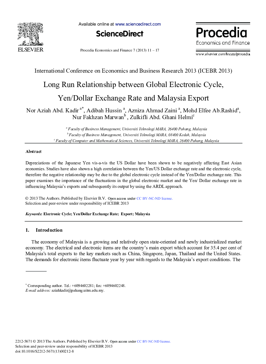 Long Run Relationship between Global Electronic Cycle, Yen/Dollar Exchange Rate and Malaysia Export 