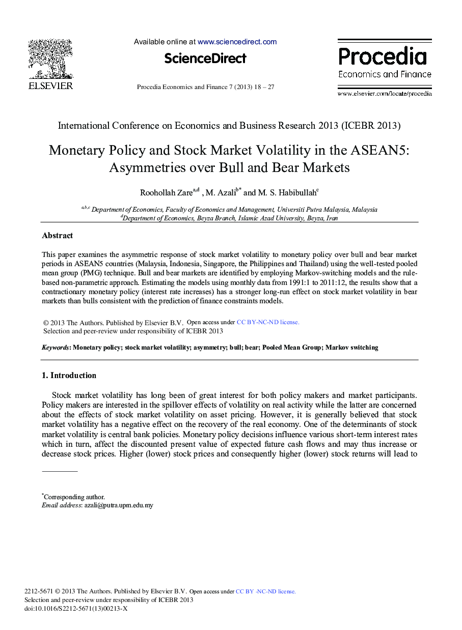 Monetary Policy and Stock Market Volatility in the ASEAN5: Asymmetries Over Bull and Bear Markets 