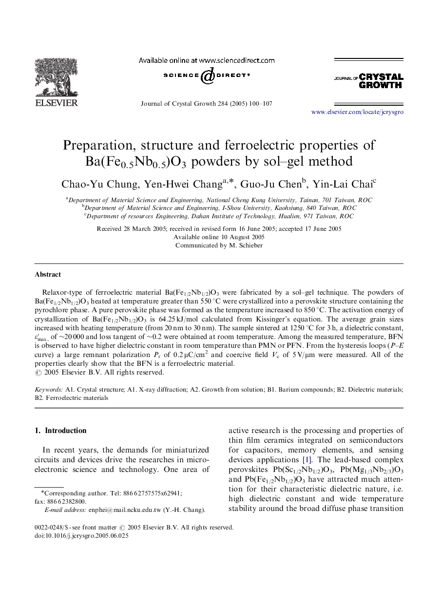 Preparation, structure and ferroelectric properties of Ba(Fe0.5Nb0.5)O3 powders by sol-gel method