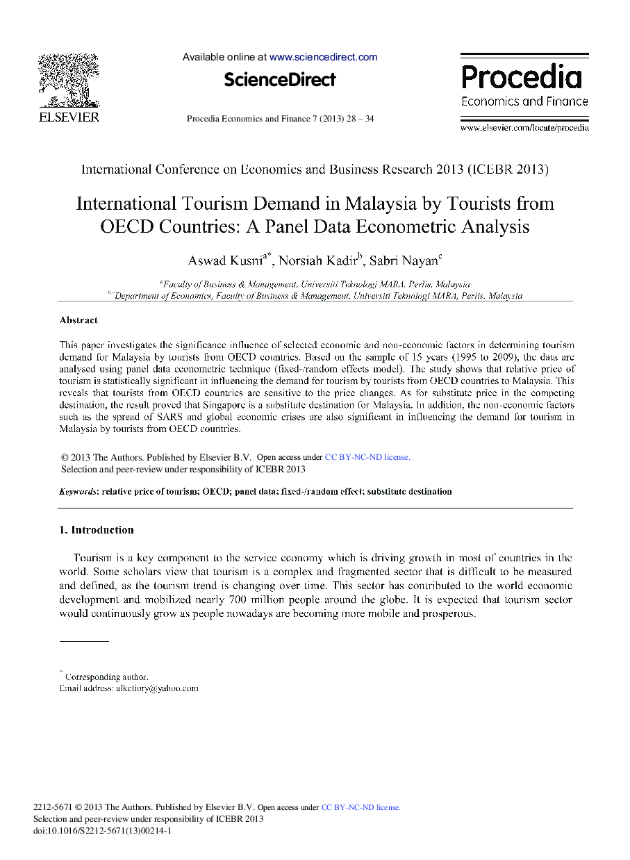 International Tourism Demand in Malaysia by Tourists from OECD Countries: A Panel Data Econometric Analysis 