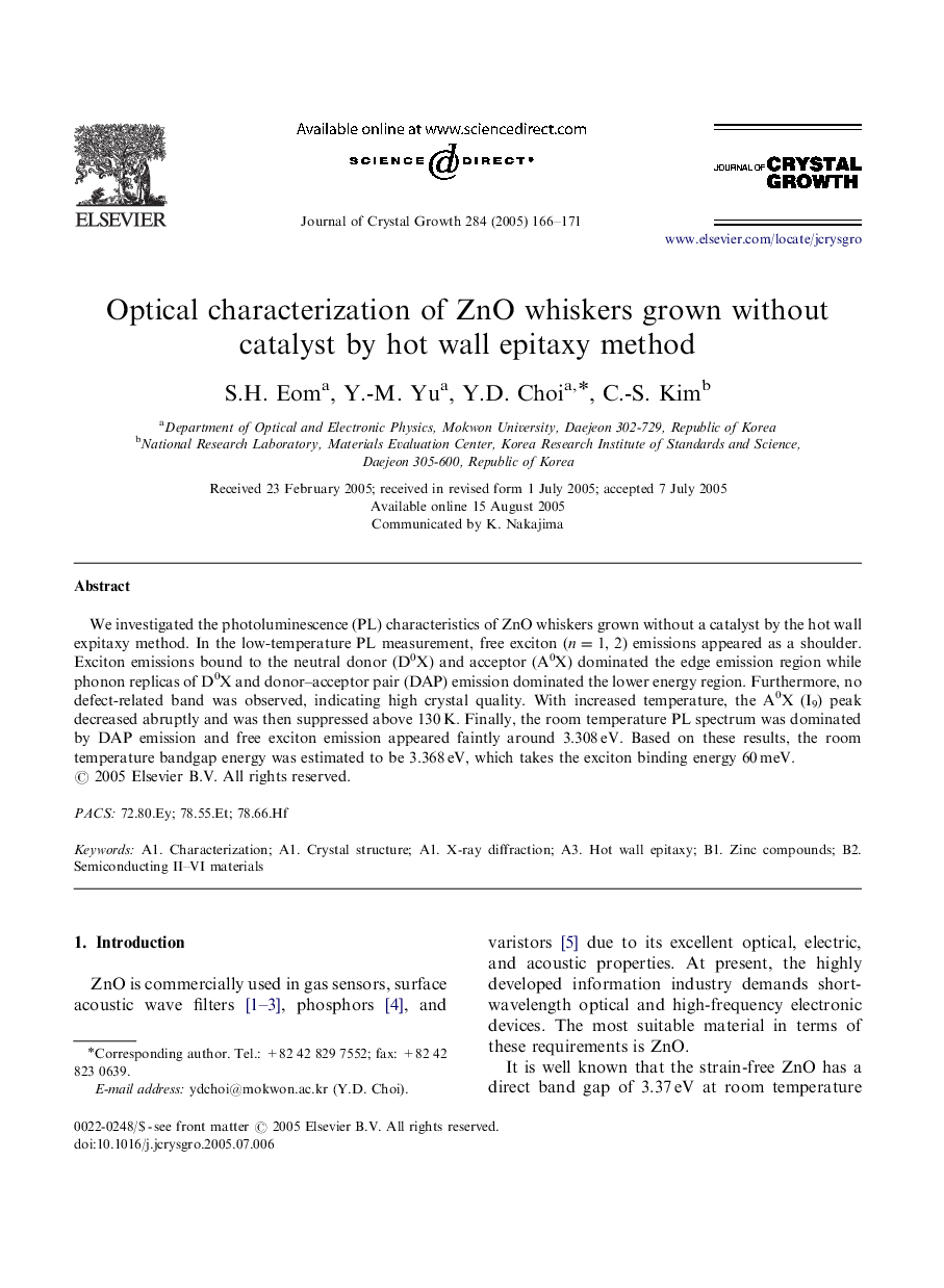 Optical characterization of ZnO whiskers grown without catalyst by hot wall epitaxy method