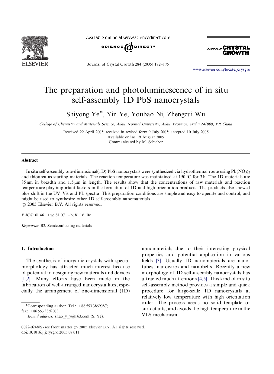 The preparation and photoluminescence of in situ self-assembly 1D PbS nanocrystals