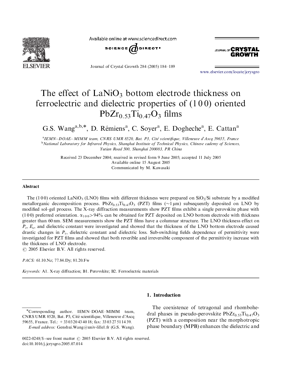 The effect of LaNiO3 bottom electrode thickness on ferroelectric and dielectric properties of (1Â 0Â 0) oriented PbZr0.53Ti0.47O3 films