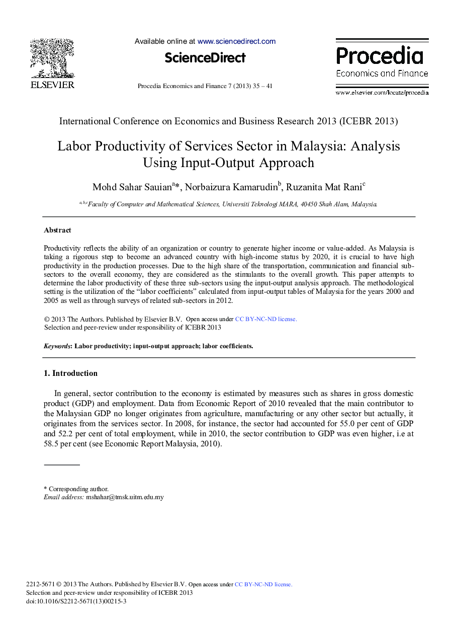 Labor Productivity of Services Sector in Malaysia: Analysis Using Input-output Approach 