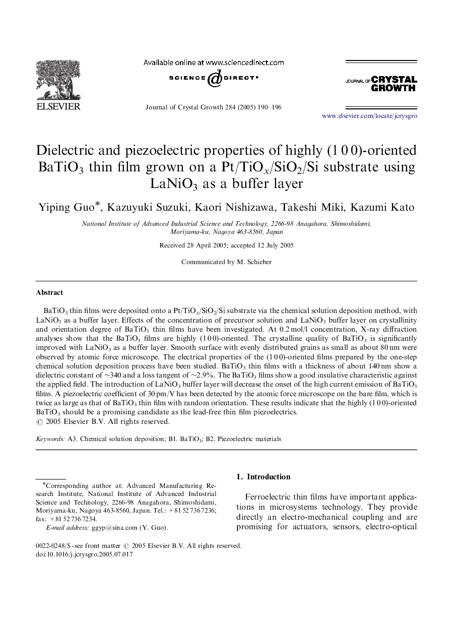 Dielectric and piezoelectric properties of highly (1Â 0Â 0)-oriented BaTiO3 thin film grown on a Pt/TiOx/SiO2/Si substrate using LaNiO3 as a buffer layer