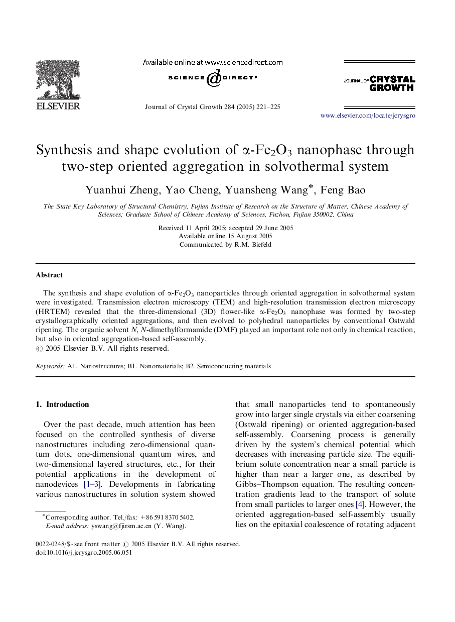 Synthesis and shape evolution of Î±-Fe2O3 nanophase through two-step oriented aggregation in solvothermal system