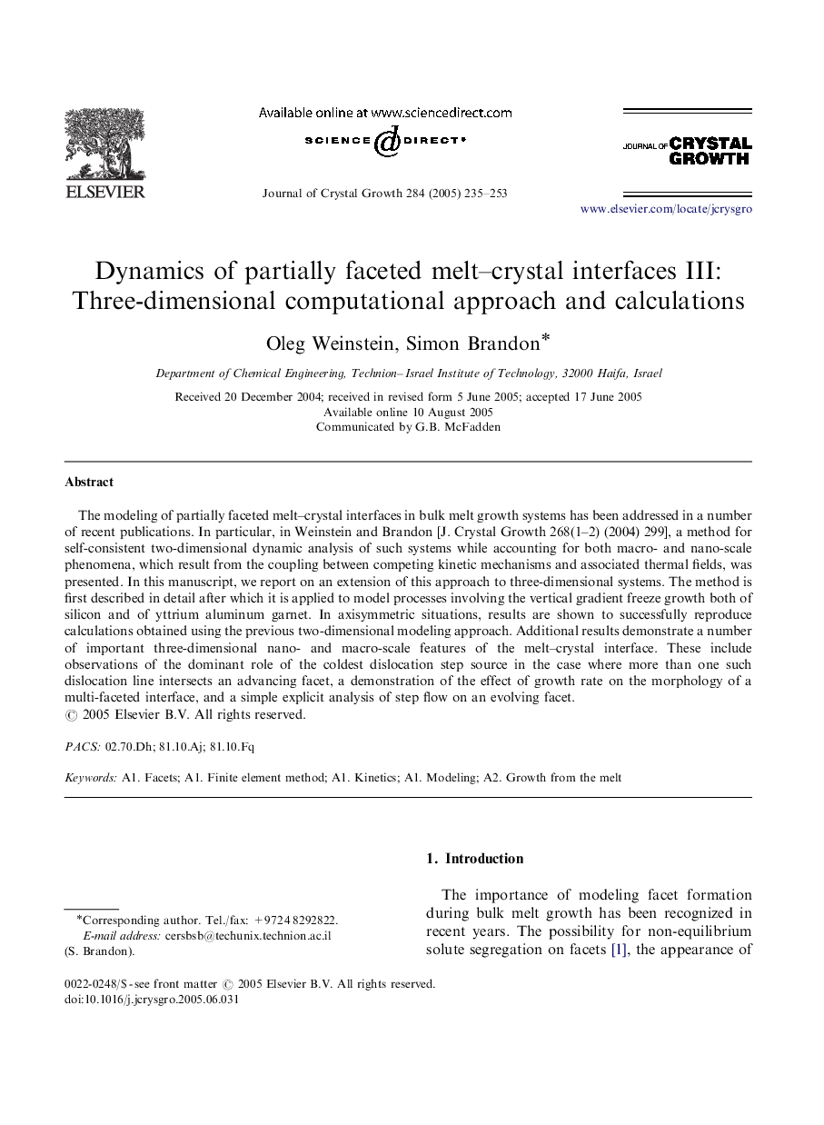 Dynamics of partially faceted melt-crystal interfaces III: Three-dimensional computational approach and calculations