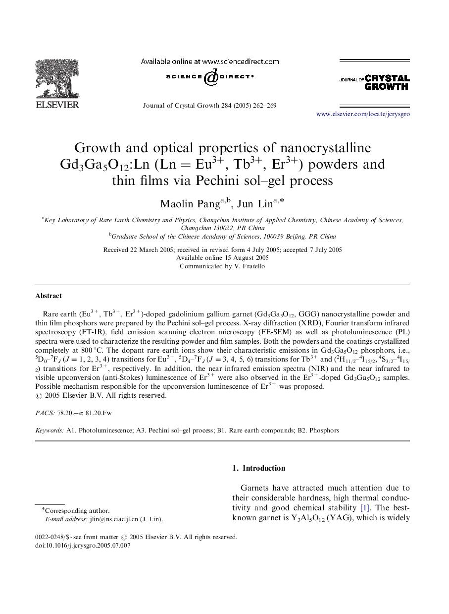 Growth and optical properties of nanocrystalline Gd3Ga5O12:Ln (Ln=Eu3+,Tb3+,Er3+) powders and thin films via Pechini sol-gel process