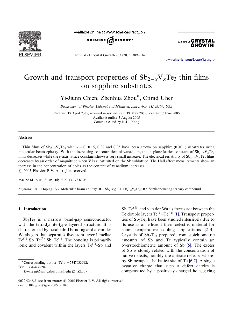 Growth and transport properties of Sb2âxVxTe3 thin films on sapphire substrates