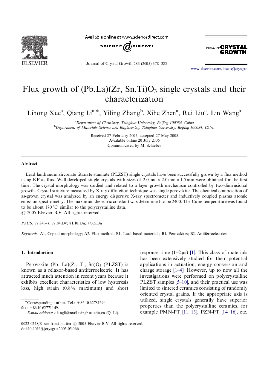 Flux growth of (Pb,La)(Zr, Sn,Ti)O3 single crystals and their characterization