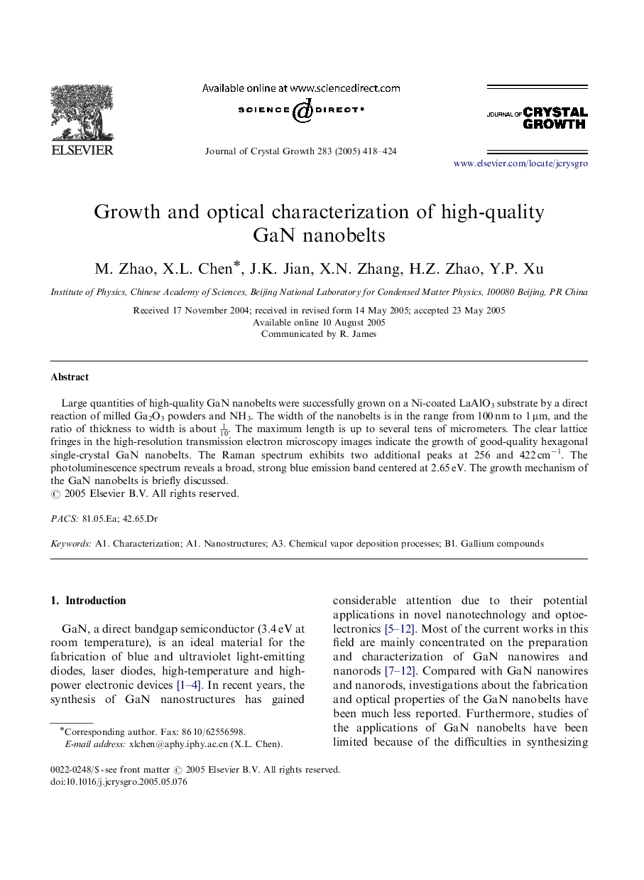 Growth and optical characterization of high-quality GaN nanobelts