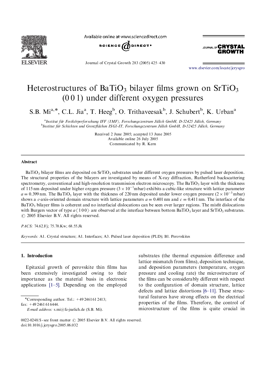 Heterostructures of BaTiO3 bilayer films grown on SrTiO3 (0Â 0Â 1) under different oxygen pressures