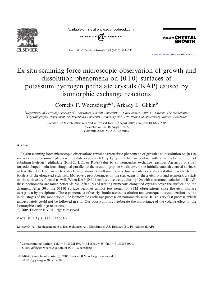 Ex situ scanning force microscopic observation of growth and dissolution phenomena on {0Â 1Â 0} surfaces of potassium hydrogen phthalate crystals (KAP) caused by isomorphic exchange reactions
