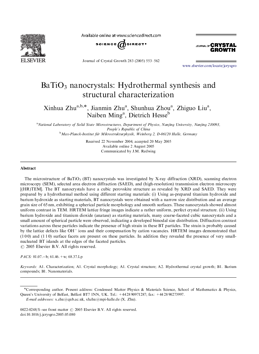 BaTiO3 nanocrystals: Hydrothermal synthesis and structural characterization