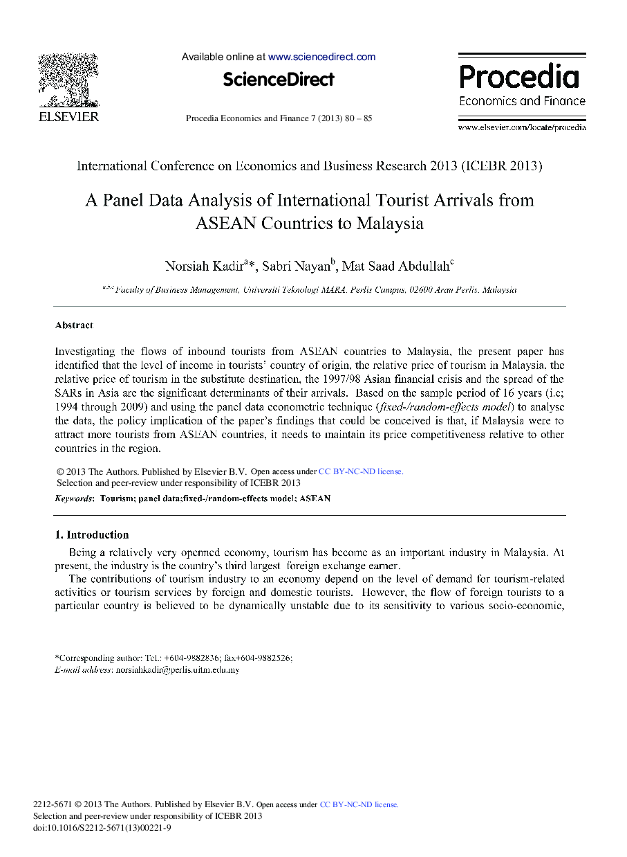 A Panel Data Analysis of International Tourist Arrivals from ASEAN Countries to Malaysia 