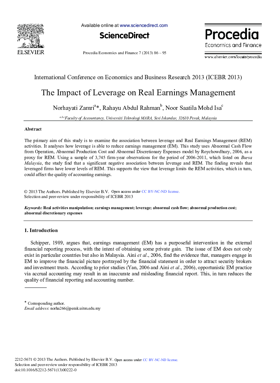 عکس صفحه اول مقاله: The Impact of Leverage on Real Earnings Management The Impact of Leverage on Real Earnings Management