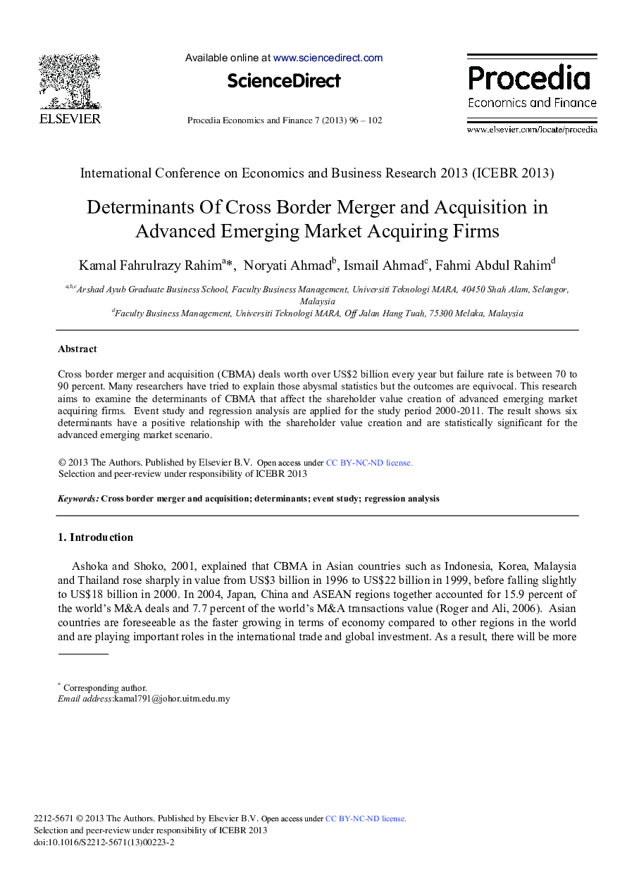 Determinants of Cross Border Merger and Acquisition in Advanced Emerging Market Acquiring Firms 