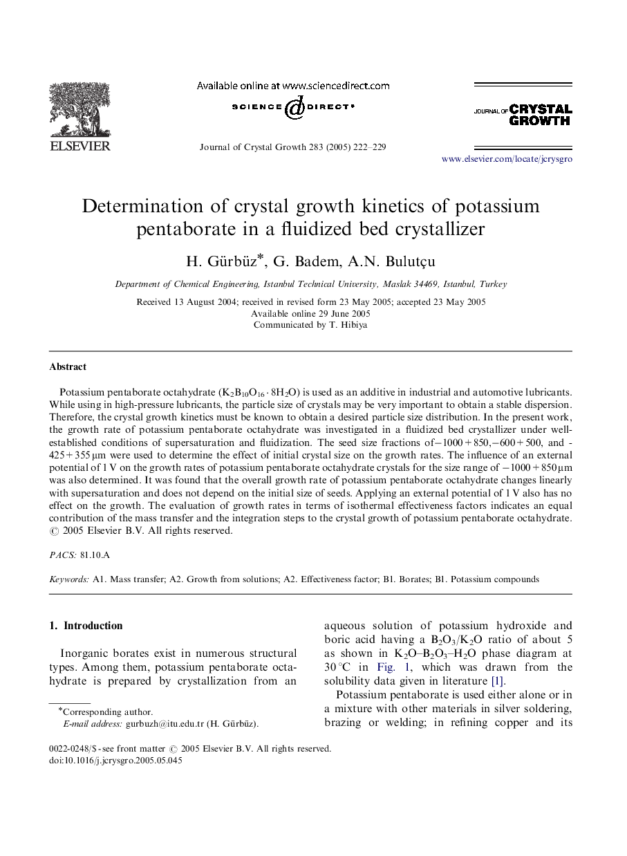 Determination of crystal growth kinetics of potassium pentaborate in a fluidized bed crystallizer