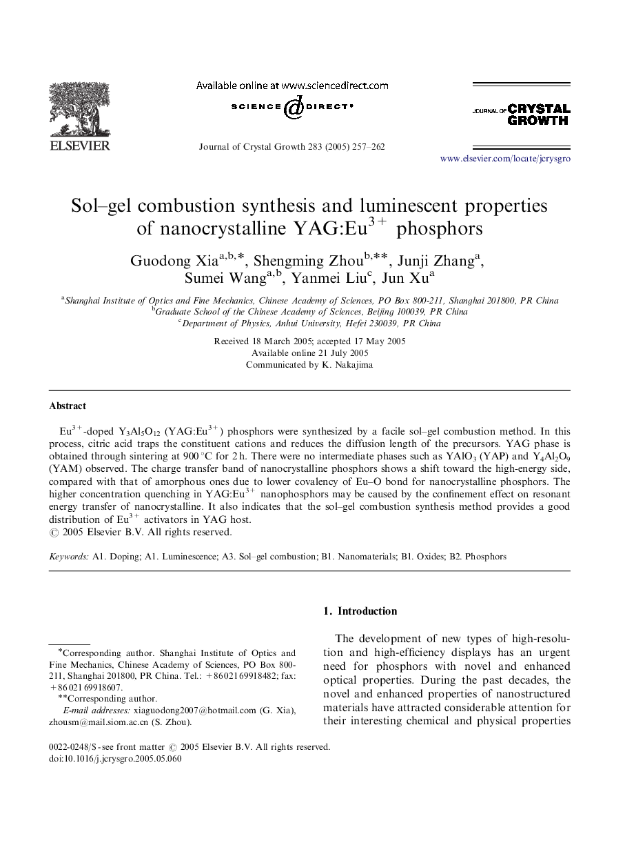 Sol-gel combustion synthesis and luminescent properties of nanocrystalline YAG:Eu3+ phosphors