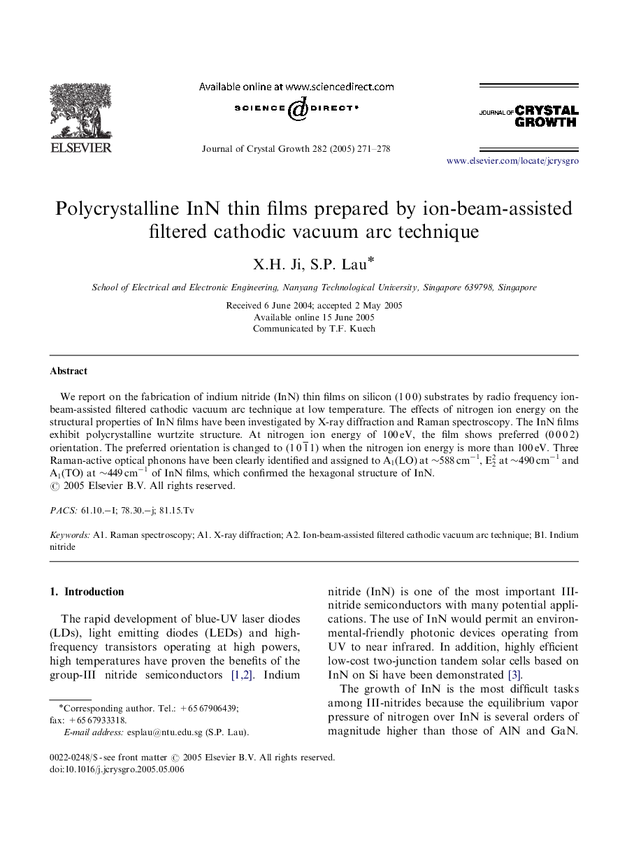 Polycrystalline InN thin films prepared by ion-beam-assisted filtered cathodic vacuum arc technique