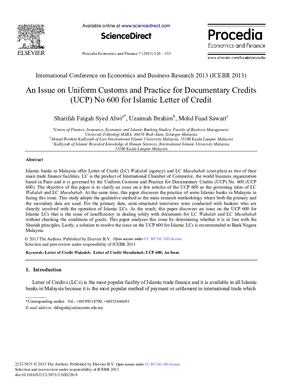 An Issue on Uniform Customs and Practice for Documentary Credits (UCP) No 600 for Islamic Letter of Credit 