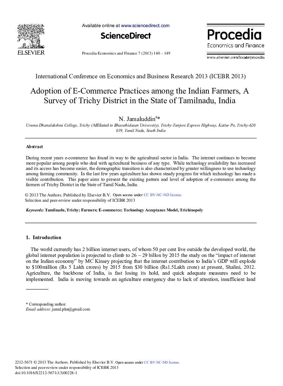 Adoption of E-commerce Practices among the Indian Farmers, a Survey of Trichy District in the State of Tamilnadu, India 