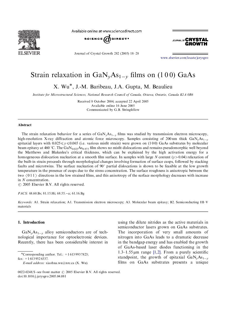 Strain relaxation in GaNyAs1ây films on (1Â 0Â 0) GaAs