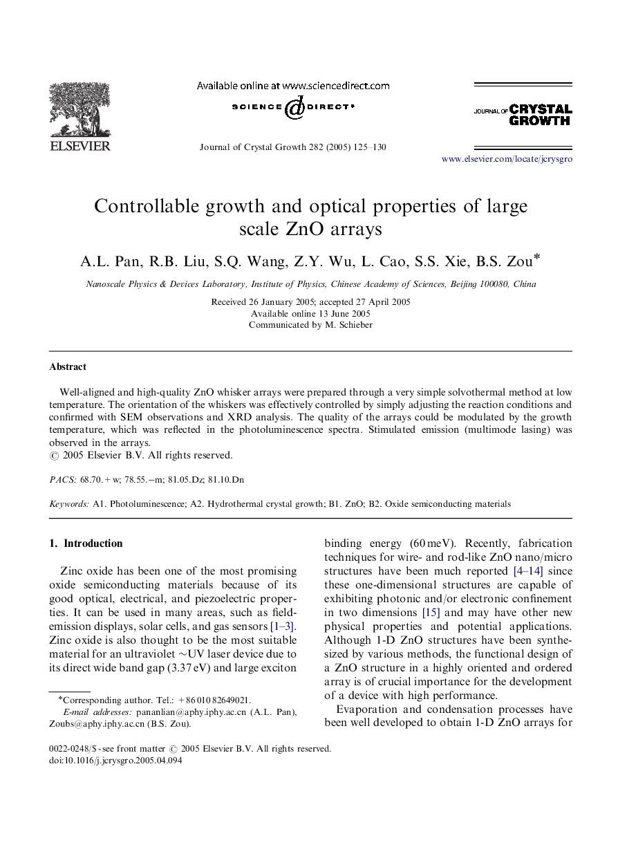 Controllable growth and optical properties of large scale ZnO arrays