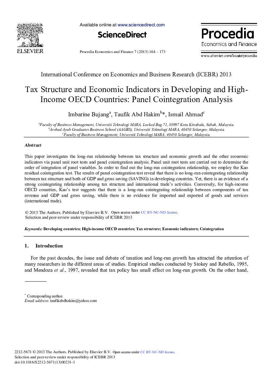 Tax Structure and Economic Indicators in Developing and High-income OECD Countries: Panel Cointegration Analysis 