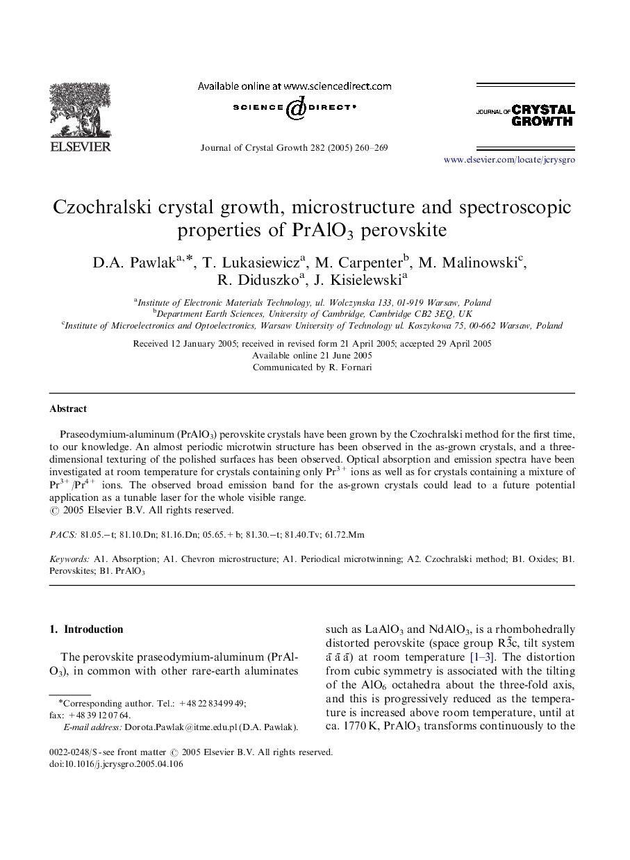 Czochralski crystal growth, microstructure and spectroscopic properties of PrAlO3 perovskite