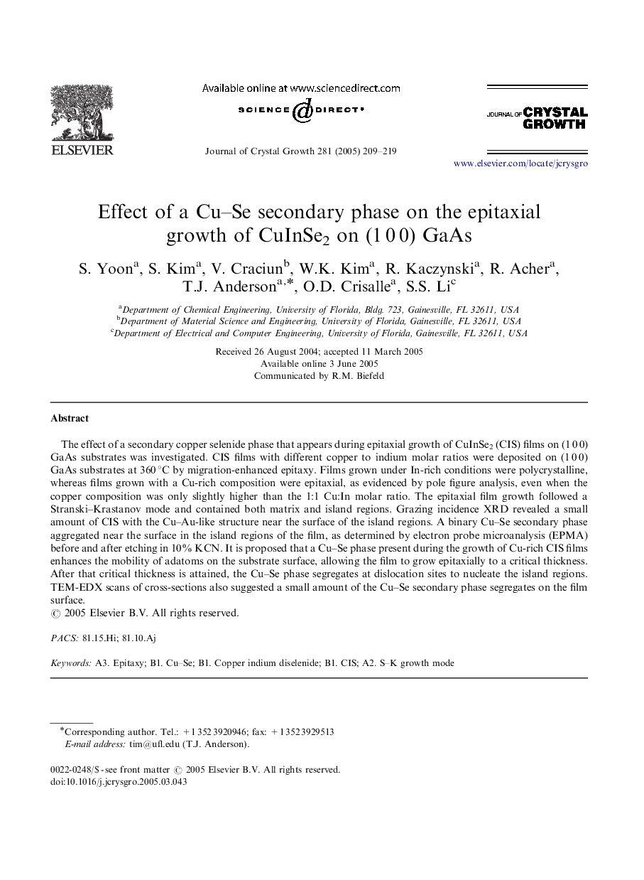 Effect of a Cu-Se secondary phase on the epitaxial growth of CuInSe2 on (1Â 0Â 0) GaAs