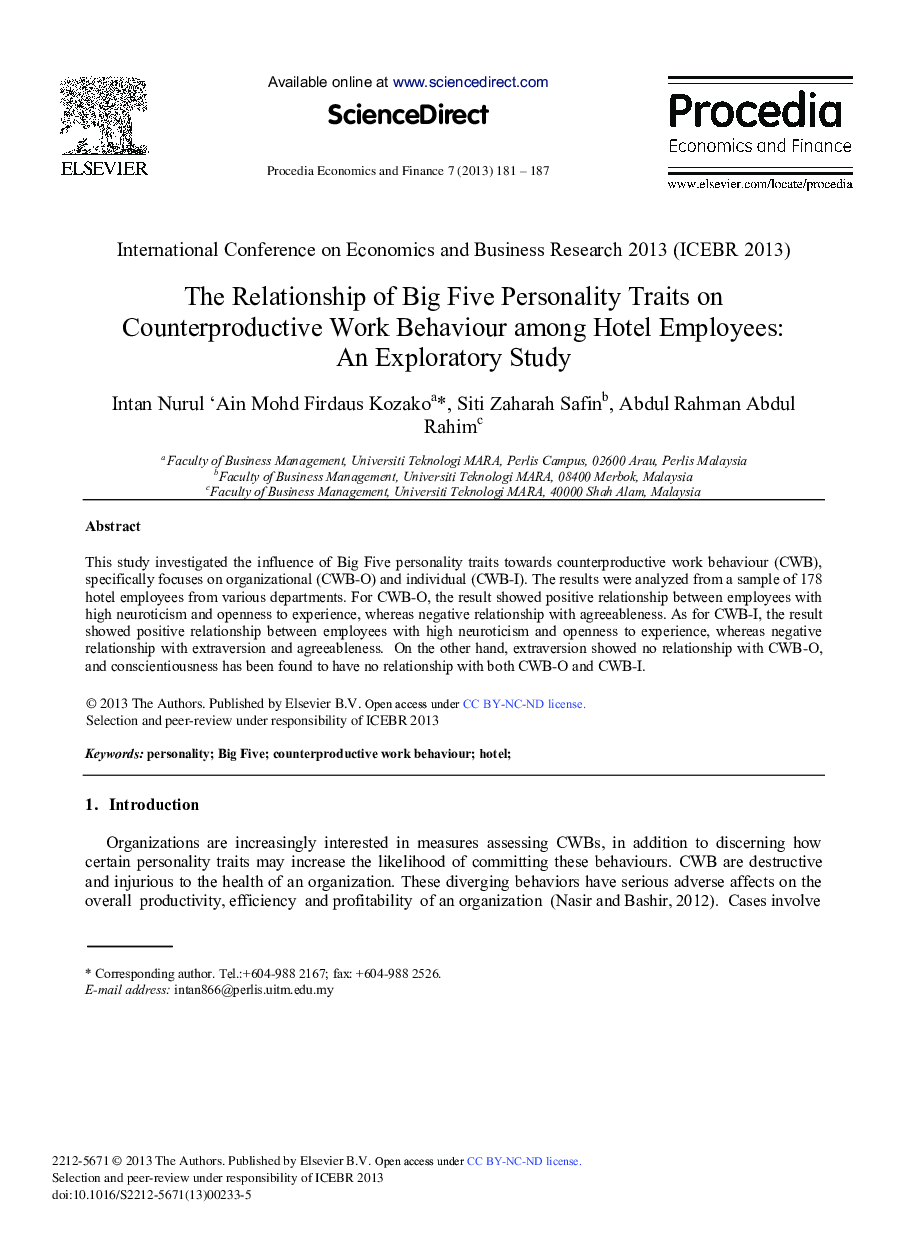 The Relationship of Big Five Personality Traits on Counterproductive Work Behaviour among Hotel Employees: An Exploratory Study 