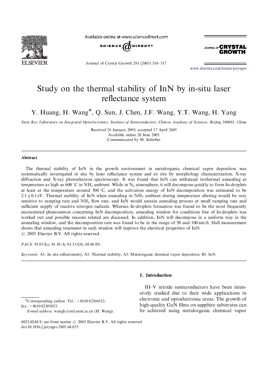 Study on the thermal stability of InN by in-situ laser reflectance system