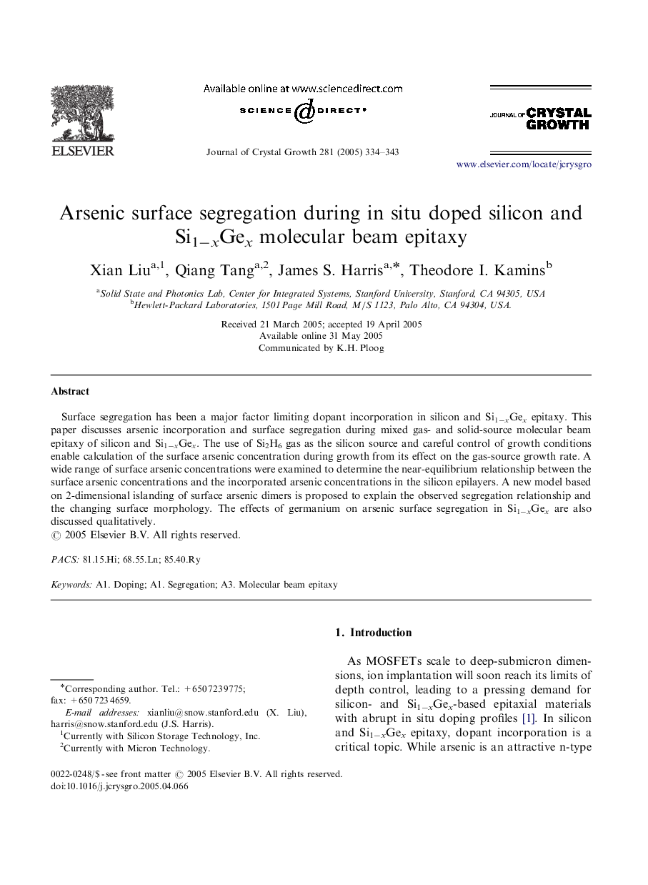 Arsenic surface segregation during in situ doped silicon and Si1âxGex molecular beam epitaxy