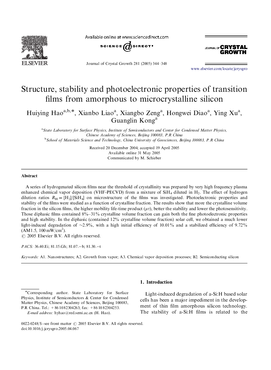 Structure, stability and photoelectronic properties of transition films from amorphous to microcrystalline silicon