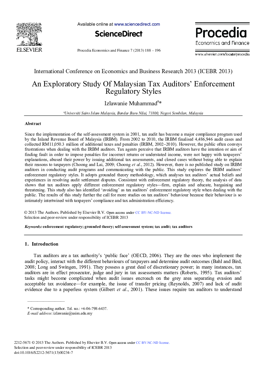 An Exploratory Study of Malaysian Tax Auditors’ Enforcement Regulatory Styles 