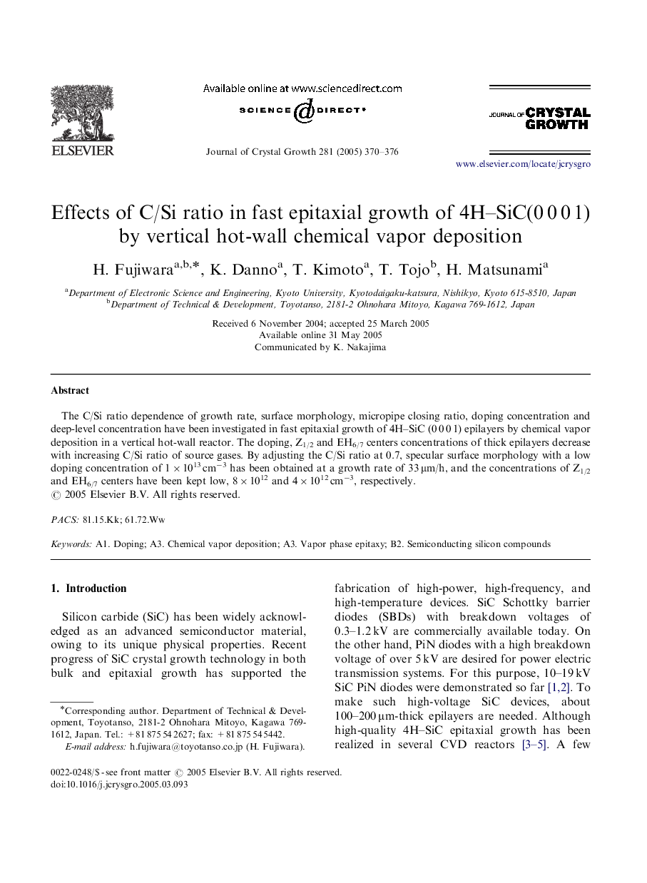 Effects of C/Si ratio in fast epitaxial growth of 4H-SiC(0Â 0Â 0Â 1) by vertical hot-wall chemical vapor deposition