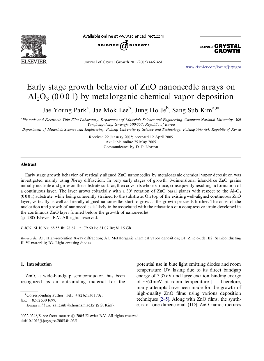 Early stage growth behavior of ZnO nanoneedle arrays on Al2O3 (0Â 0Â 0Â 1) by metalorganic chemical vapor deposition